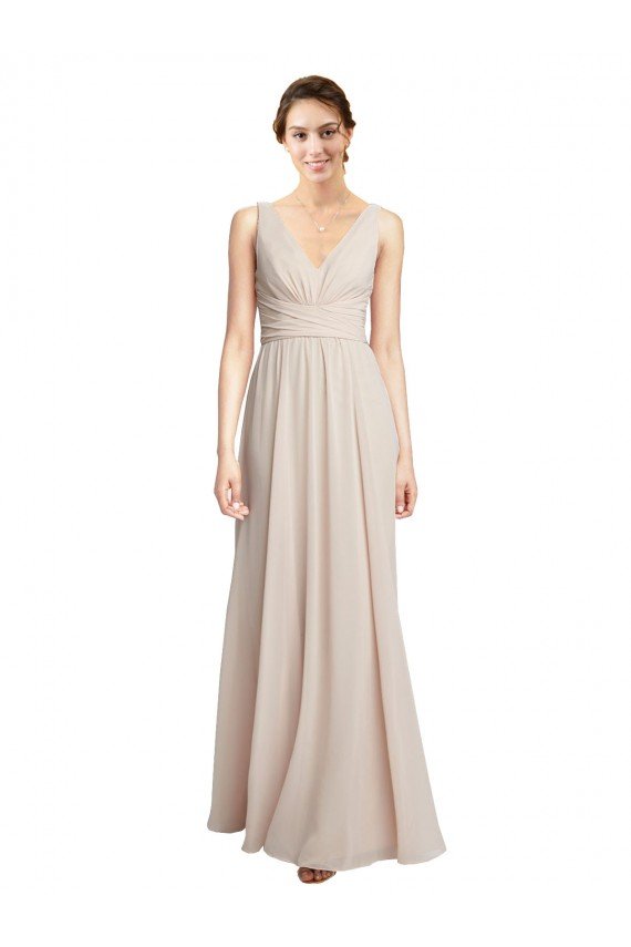 Outlet Long V-Neck Chiffon Bridesmaids Dress with Double Straps