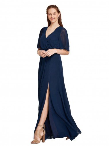 Outlet V-Neck Plush Chiffon Bridesmaid Dress with Flutter Sleeves