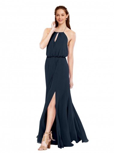 Outlet Grecian Style Halter Chiffon Bridesmaid Dress with Keyhole and Slit