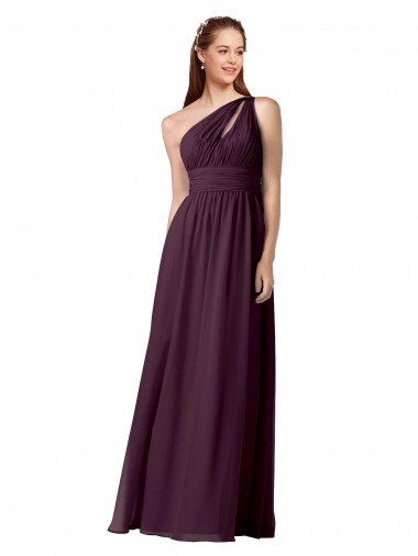 Outlet One Shoulder Chiffon Bridesmaid Dress with Front Keyhole and Shirred Bodice