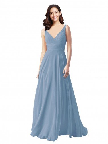 Outlet Long Chiffon V-Neck and Self Sash Bridesmaid Dress with Shirred Criss Cross Bodice