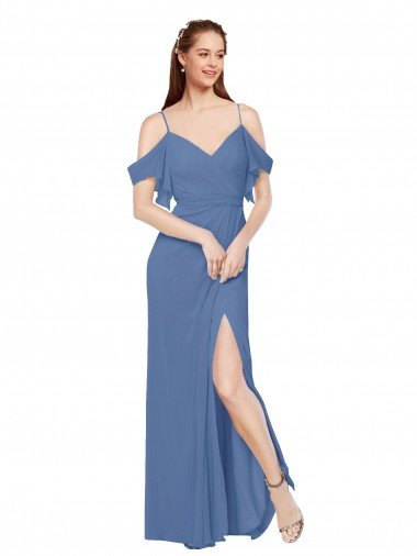 Outlet Mock-Wrap Off the Shoulder Long Chiffon Bridesmaid Dress with Side Slit