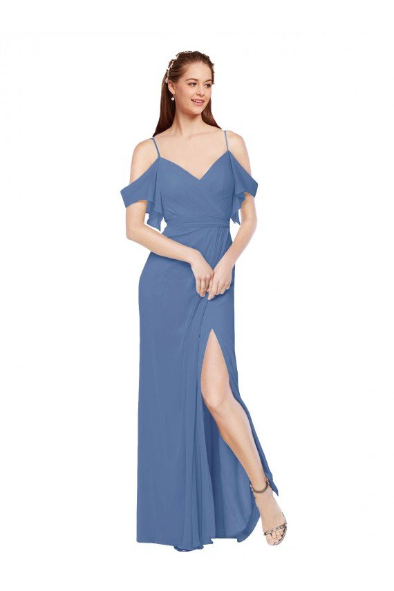 Outlet Mock-Wrap Off the Shoulder Long Chiffon Bridesmaid Dress with Side Slit