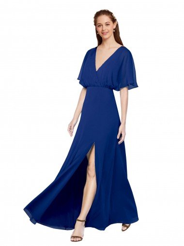 Outlet V-Neck Long Chiffon Bridesmaid Dress with Dolman Sleeved Bodice and Slit