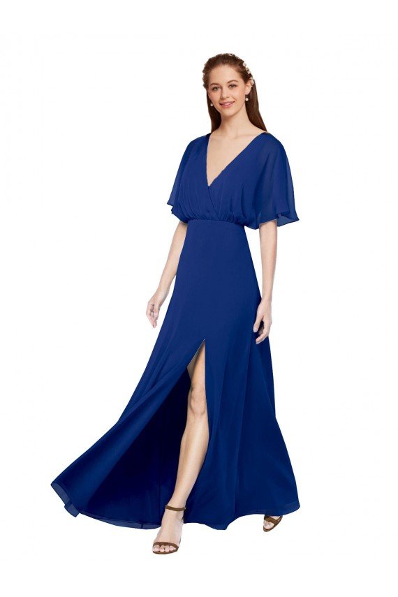 Outlet V-Neck Long Chiffon Bridesmaid Dress with Dolman Sleeved Bodice and Slit