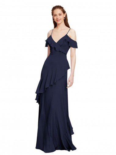 Outlet Cascading Ruffles Long Chiffon Bridesmaid Dress with Cold Shoulder