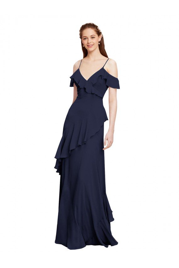 Outlet Cascading Ruffles Long Chiffon Bridesmaid Dress with Cold Shoulder
