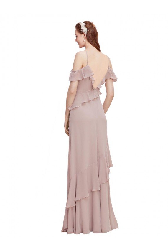 Outlet Cascading Ruffles Long Chiffon Bridesmaid Dress with Cold Shoulder