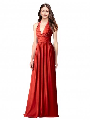 Outlet Halter V-Neck A-Line Chiffon Bridesmaid Dress with Shirred Skirt