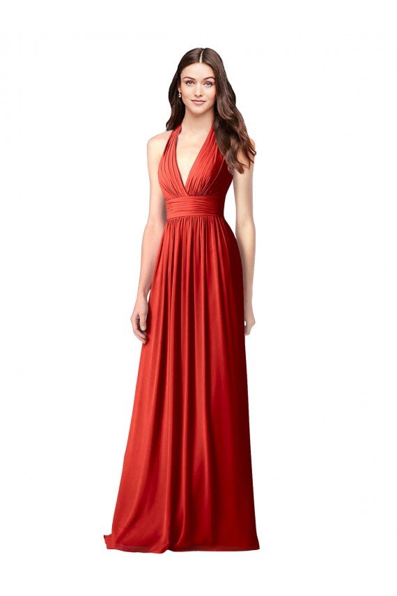 Outlet Halter V-Neck A-Line Chiffon Bridesmaid Dress with Shirred Skirt