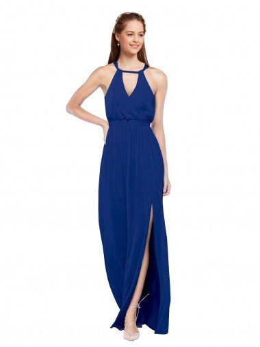 Outlet High Keyhole Neck Long Chiffon Bridesmaid Dress with Slit