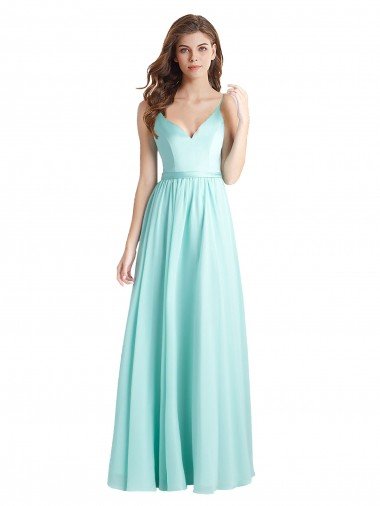 Outlet Long V-Neck Chiffon Bridesmaid Dress with Satin Bodice