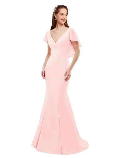 Outlet Fit and Flare Chiffon Bridesmaid Dress with V-Neck and Flutter Sleeves
