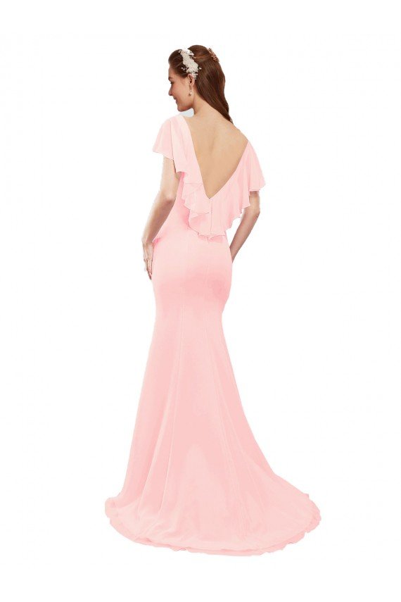 Outlet Fit and Flare Chiffon Bridesmaid Dress with V-Neck and Flutter Sleeves