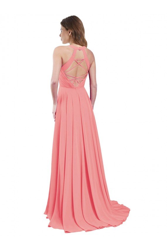 Outlet Draped A-Line Chiffon Bridesmaid Dress with Halter Keyhole Neckline