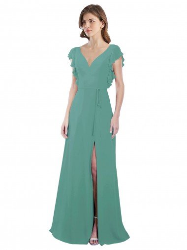Outlet Full Length Chiffon Bridesmaid Dress with Ruffled Cap Sleeves and Side Slit