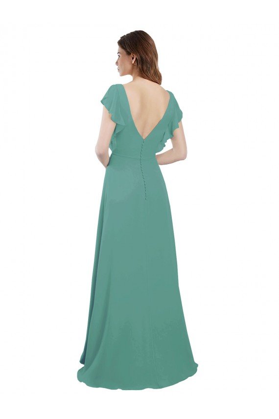Outlet Full Length Chiffon Bridesmaid Dress with Ruffled Cap Sleeves and Side Slit