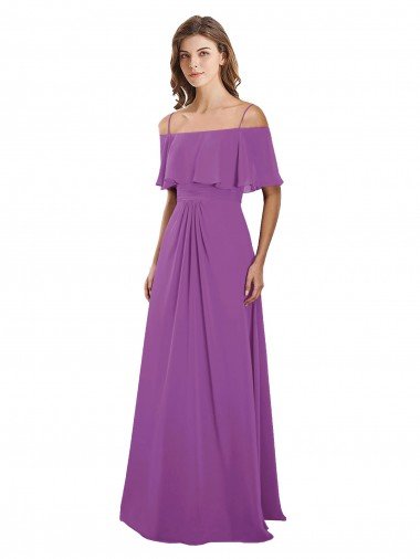 Outlet Draped Off The Shoulder Chiffon Bridesmaid Dress with Spaghetti Straps and Ruffled Neckline