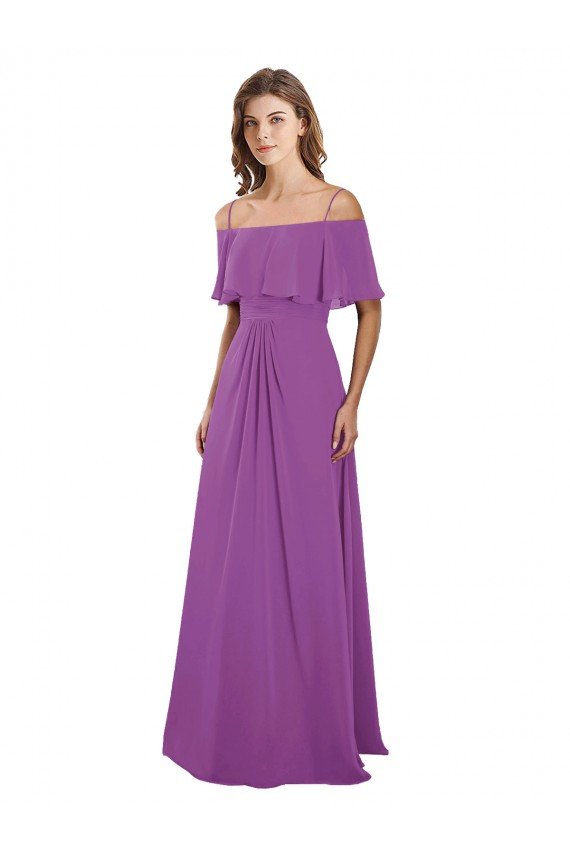 Outlet Draped Off The Shoulder Chiffon Bridesmaid Dress with Spaghetti Straps and Ruffled Neckline