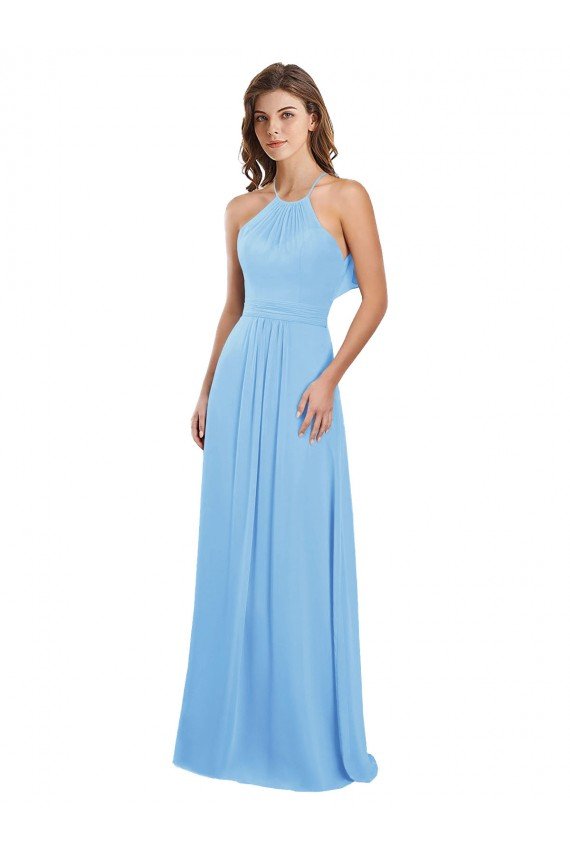 Outlet Chiffon A-Line Bridesmaid Dress with Halter Neck and Ruffled Back Straps