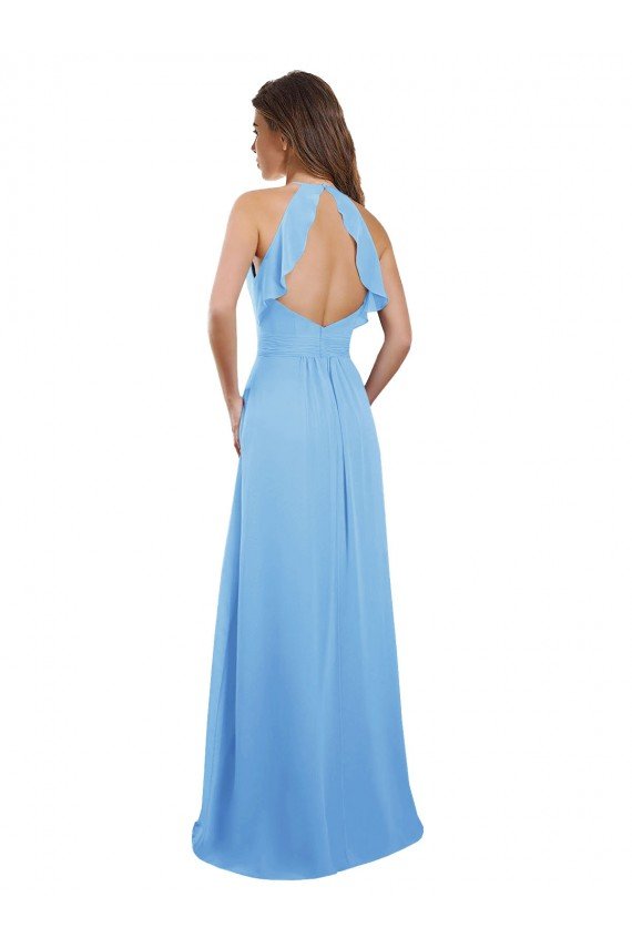 Outlet Chiffon A-Line Bridesmaid Dress with Halter Neck and Ruffled Back Straps