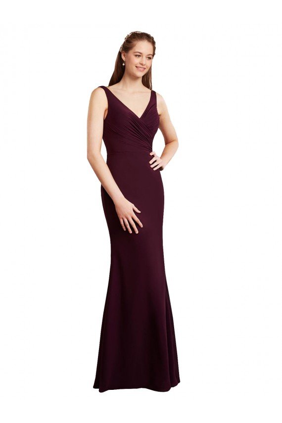 Outlet Floor Length Fluted Chiffon Dress with Draped Bodice and V-Neckline