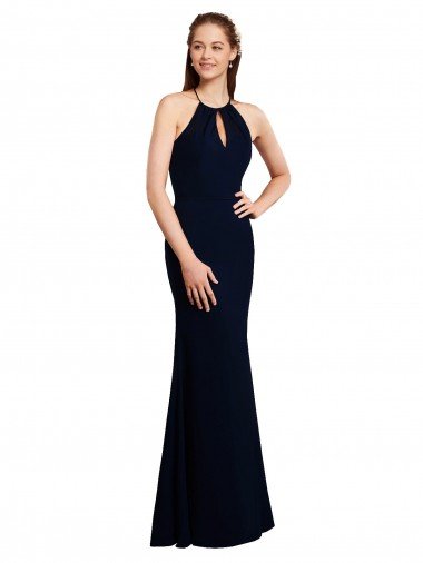 Outlet Fluted Long Chiffon Bridesmaid Dress with Halter Neckline and Keyhole