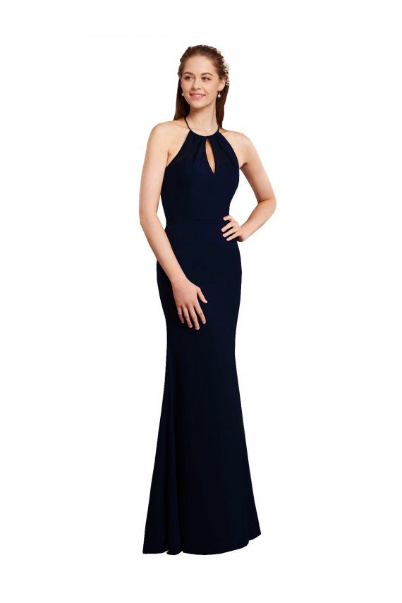 Outlet Fluted Long Chiffon Bridesmaid Dress with Halter Neckline and Keyhole