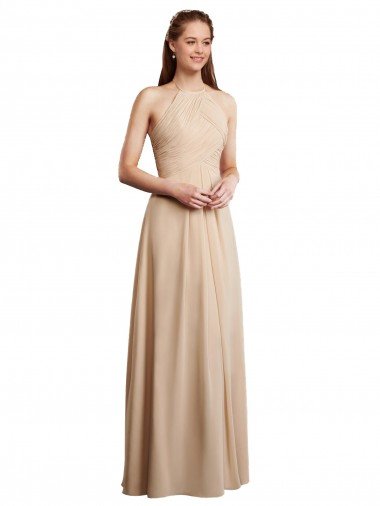 Outlet Draped Halter Neck Long Chiffon Bridesmaid Dress with Tie Back
