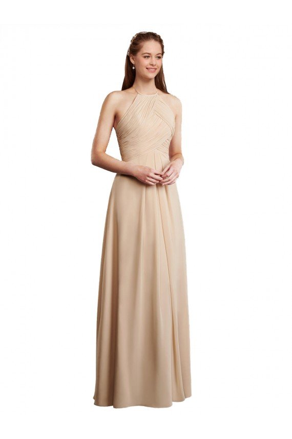 Outlet Draped Halter Neck Long Chiffon Bridesmaid Dress with Tie Back