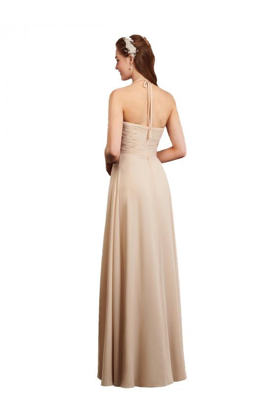 Outlet Draped Halter Neck Long Chiffon Bridesmaid Dress with Tie Back