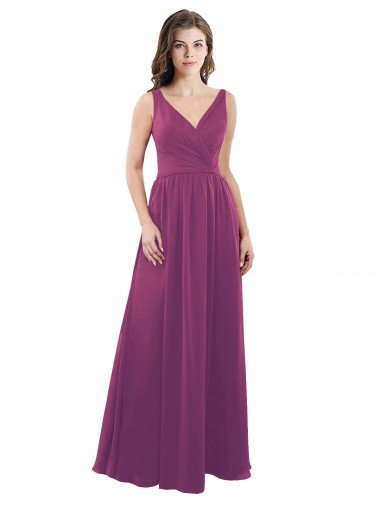 Outlet Long Chiffon A-Line Bridesmaid Dress with V-Neck Wrap Bodice