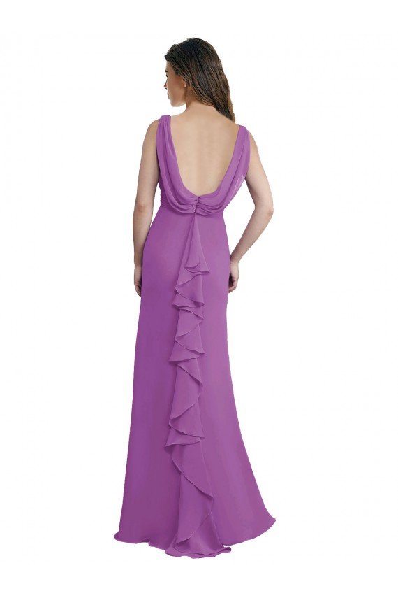 Outlet V-Shaped Neckline Long Chiffon Bridesmaid Dress with Cascading Ruffles Back
