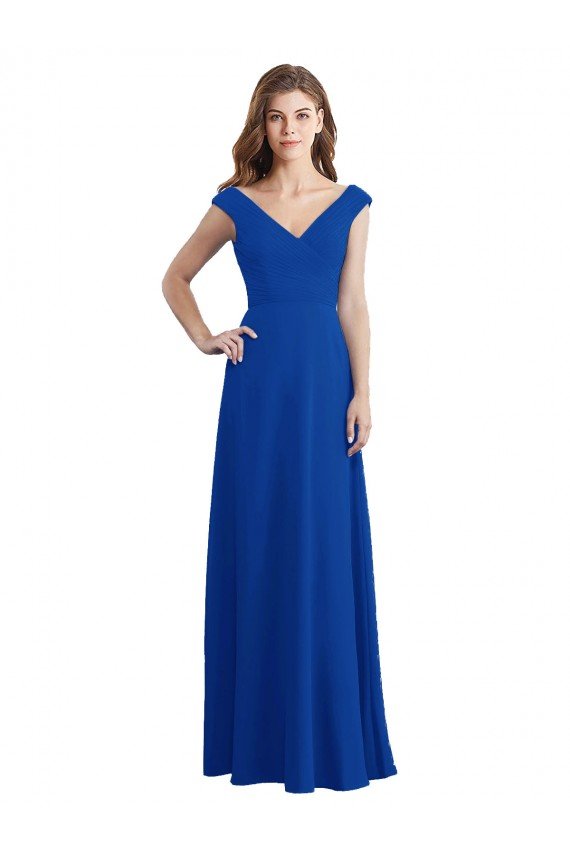 Outlet Draped Shoulder V-Neck Long Chiffon Bridesmaid Dress