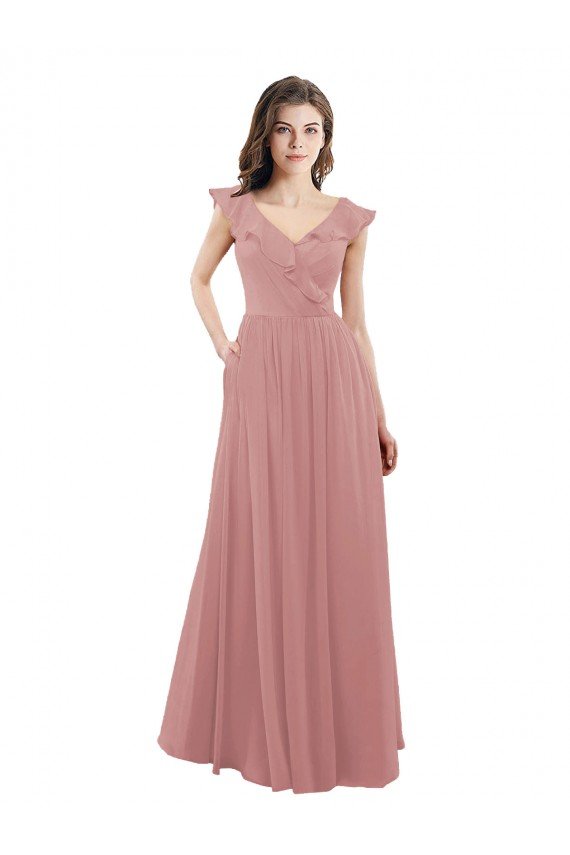 Outlet Chiffon A-Line Bridesmaid Dress with V-Neck Wrap Bodice