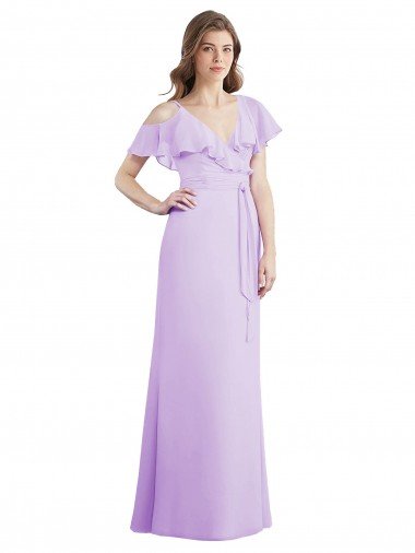 Outlet Ruffled Neckline Cold Shoulder Long Chiffon Bridesmaid Dress