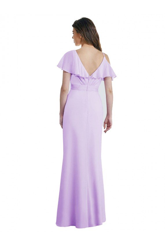 Outlet Ruffled Neckline Cold Shoulder Long Chiffon Bridesmaid Dress