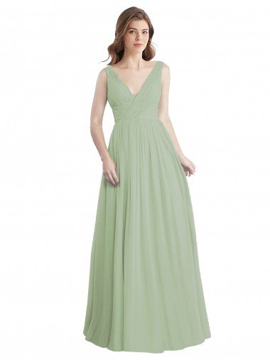 Outlet V-Neck A-Line Long Chiffon Bridesmaid Dress with Draped Bodice