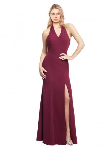 Outlet Chiffon Mermaid Bridesmaid Dress with Back Tie Halter Straps and Side Slit