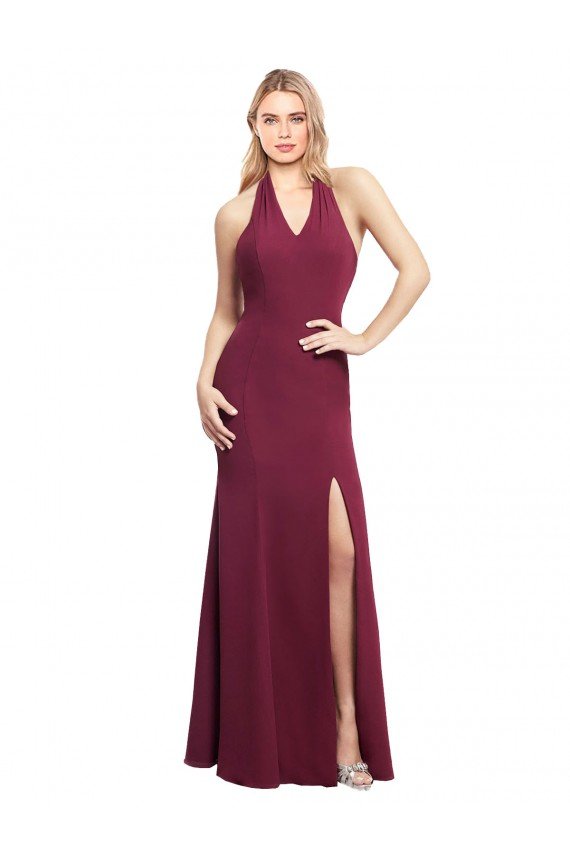 Outlet Chiffon Mermaid Bridesmaid Dress with Back Tie Halter Straps and Side Slit