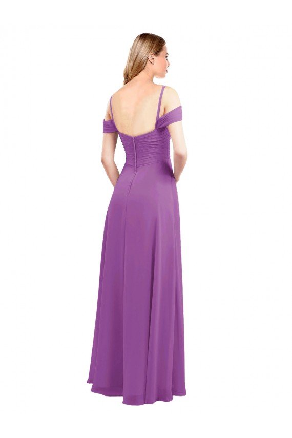 Outlet Cold Shoulder Long Chiffon Bridesmaid Dress with Ruching Details