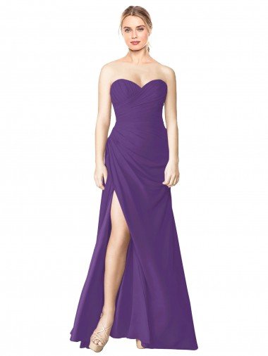 Outlet Strapless Chiffon Bridesmaid Dress with Pleated Wrap Bodice and Side Slit