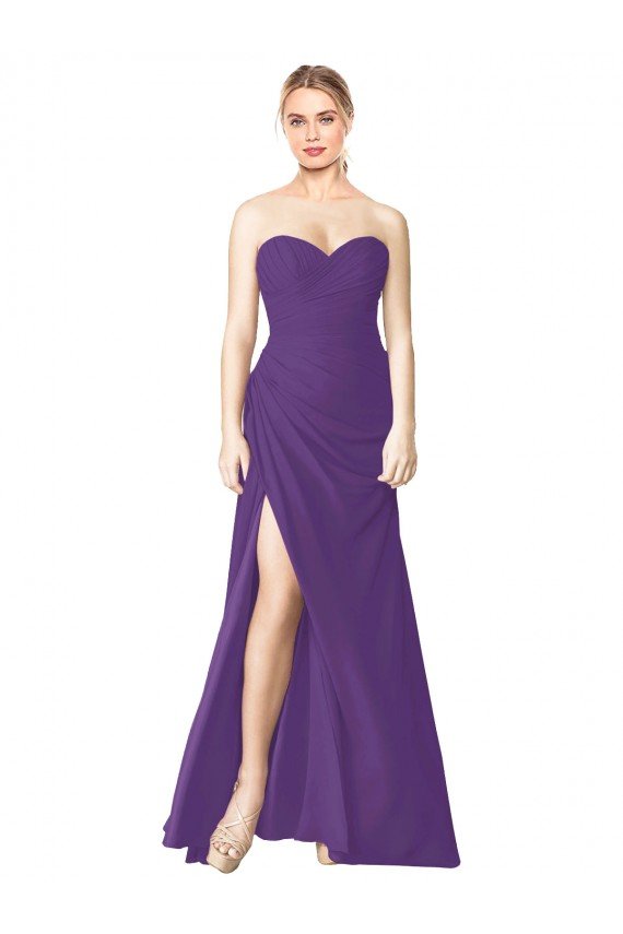 Outlet Strapless Chiffon Bridesmaid Dress with Pleated Wrap Bodice and Side Slit