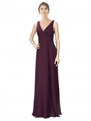 Outlet Long Chiffon Bridesmaid Dress with Ruched Criss Cross V-Neck Bodice