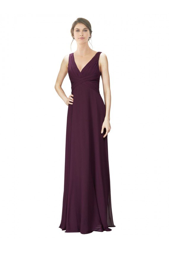 Outlet Long Chiffon Bridesmaid Dress with Ruched Criss Cross V-Neck Bodice