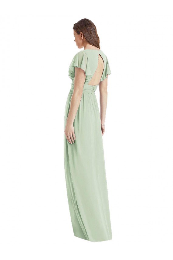Outlet Flutter Sleeves Draped Wrap V-Neck Chiffon Bridesmaid Dress
