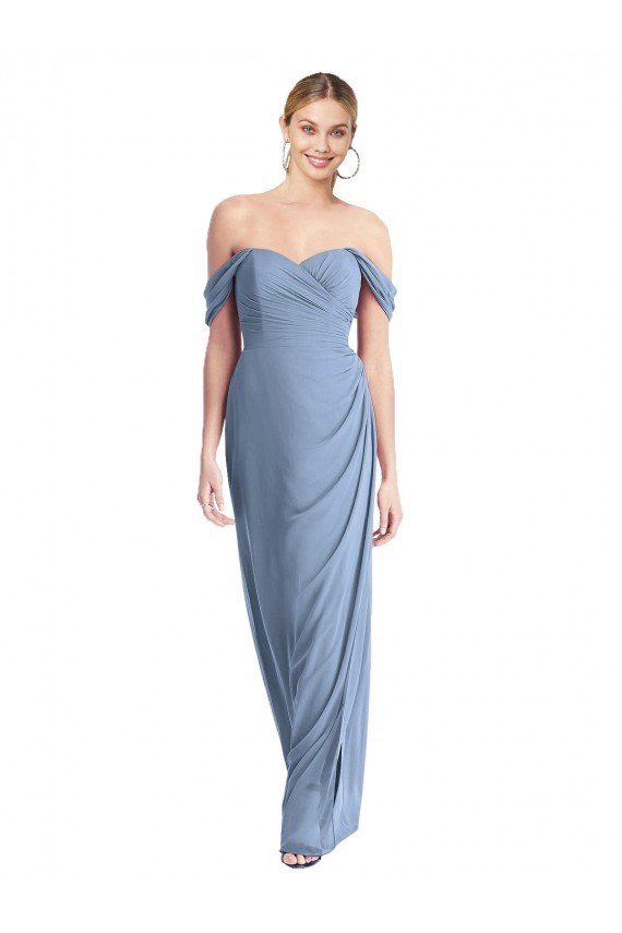 Outlet Full Length Draped Off the Shoulder Maxi Bridesmaid Dress with Shirred Streamer