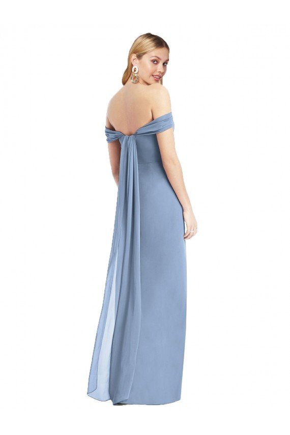 Outlet Full Length Draped Off the Shoulder Maxi Bridesmaid Dress with Shirred Streamer