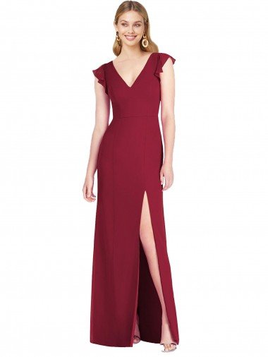 Outlet Ruffled Sleeves Mermaid Chiffon Bridesmaid Dress with Front Slit