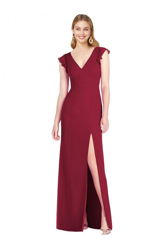 Outlet Ruffled Sleeves Mermaid Chiffon Bridesmaid Dress with Front Slit